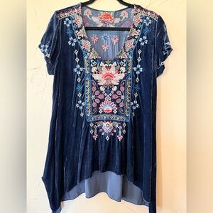 Johnny Was Nindi Embroidered Velvet Navy Blue Women’s Tunic Top size M